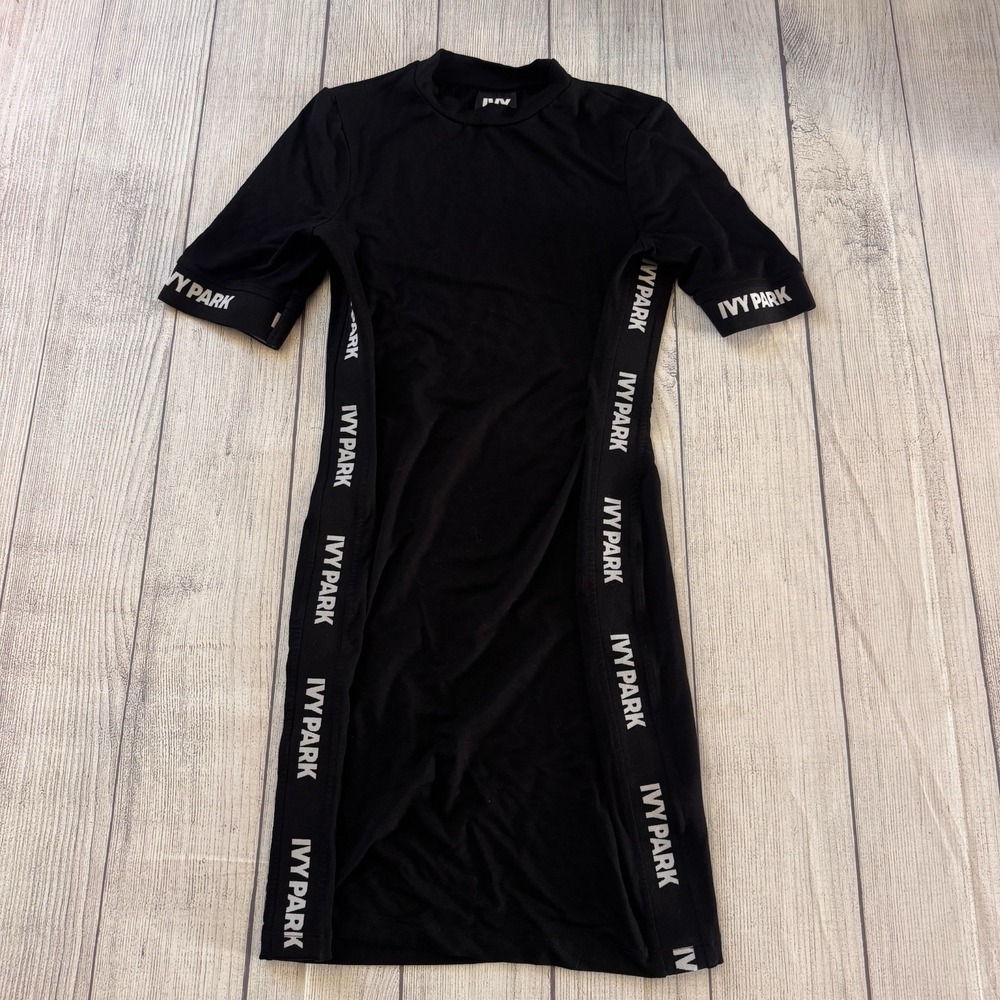 Ivy Park Black Bodycon Midi Dress Size S Logo Tape Short Sleeve